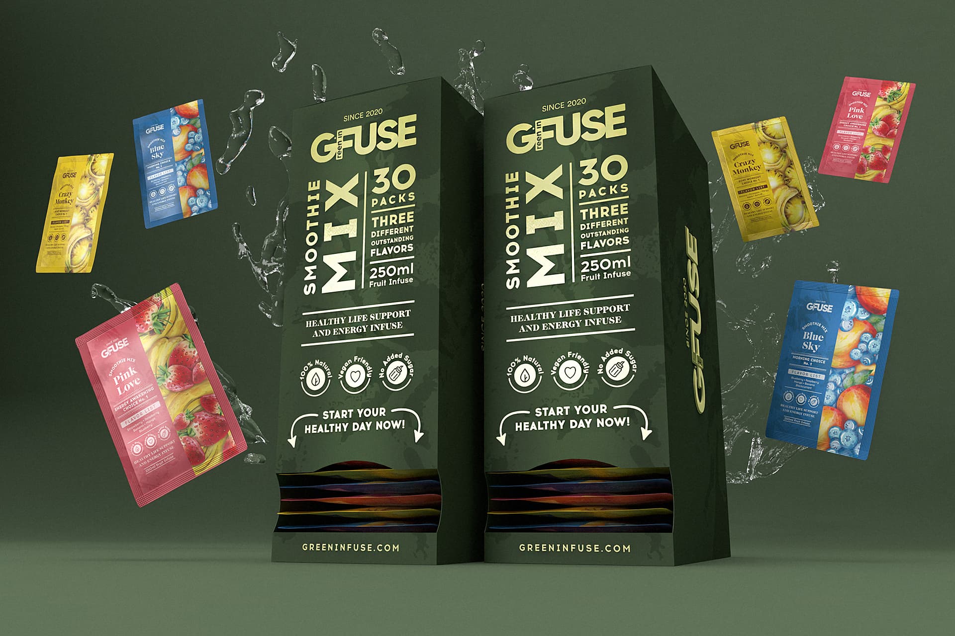 GFuse smoothie mixes in three colors, blue, red, and yellow, each one containing different flavors, pink love is strawberry flavor, crazy monkey - is banana flavor, and blue sky - is blueberry. GFuse is a healthy smoothie brand from Lithuania.