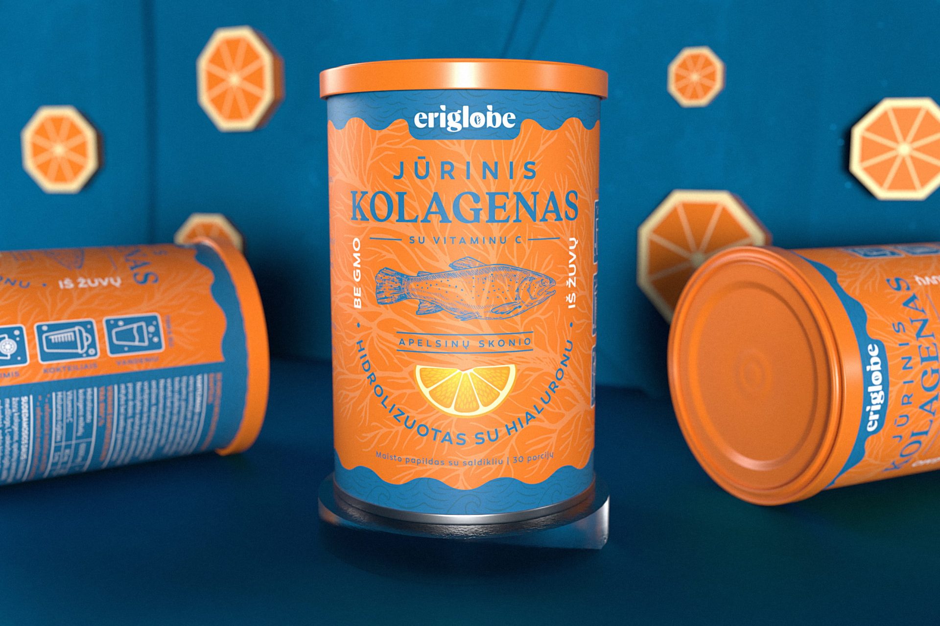 Product packaging for Eriglobe kolagenas, featuring a sleek, modern design with a minimalist aesthetic and bold typography, highlighting its premium collagen supplement branding.